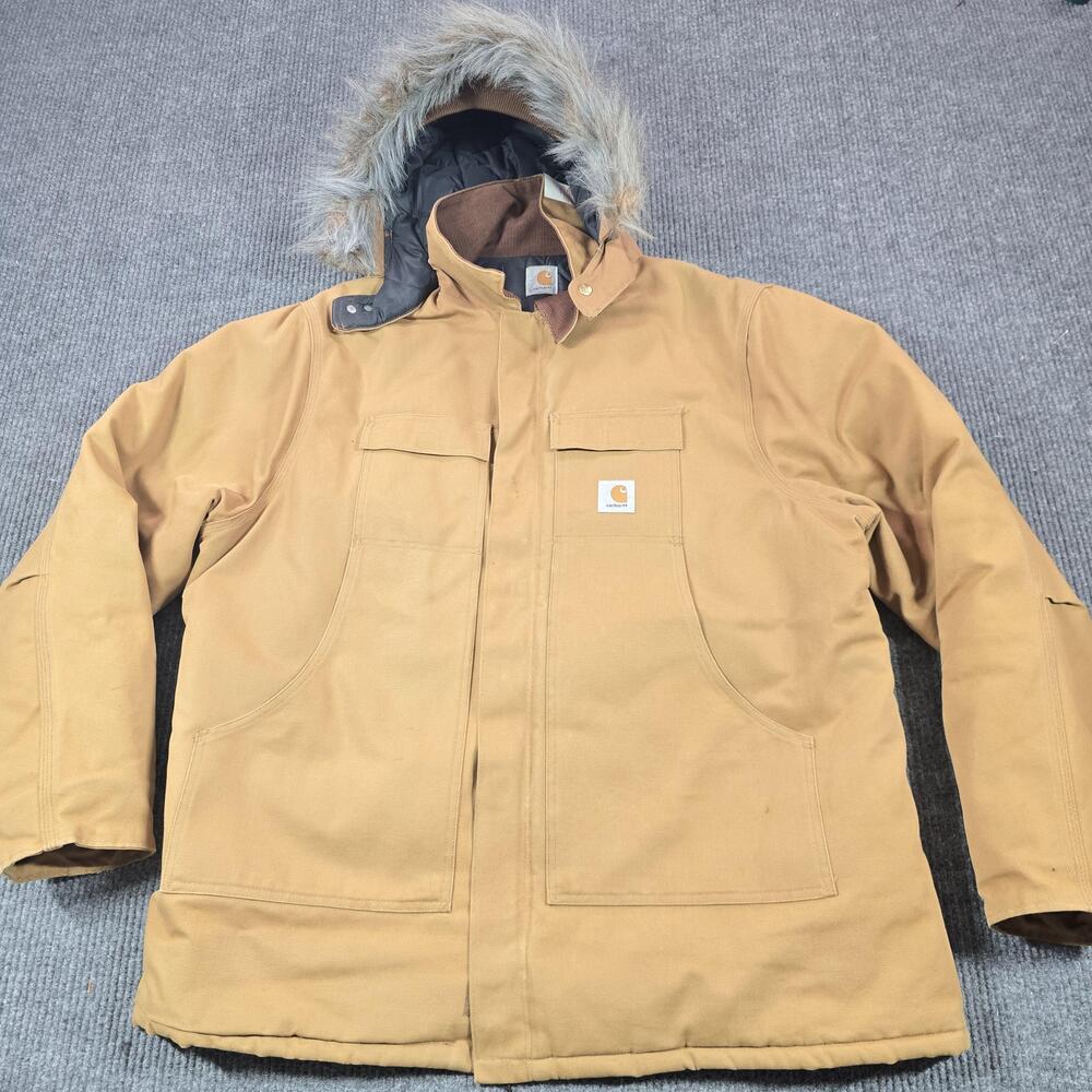 VTG Carhartt Coat Mens 2XL Brown Canvas C03 A01 Parka Hooded Fur Trim Insulated